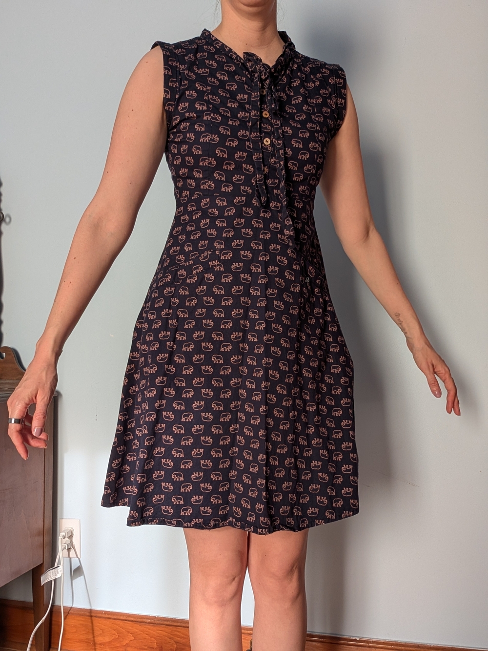 Sleeveless Navy Cotton Dress with Pink Elephant Print
